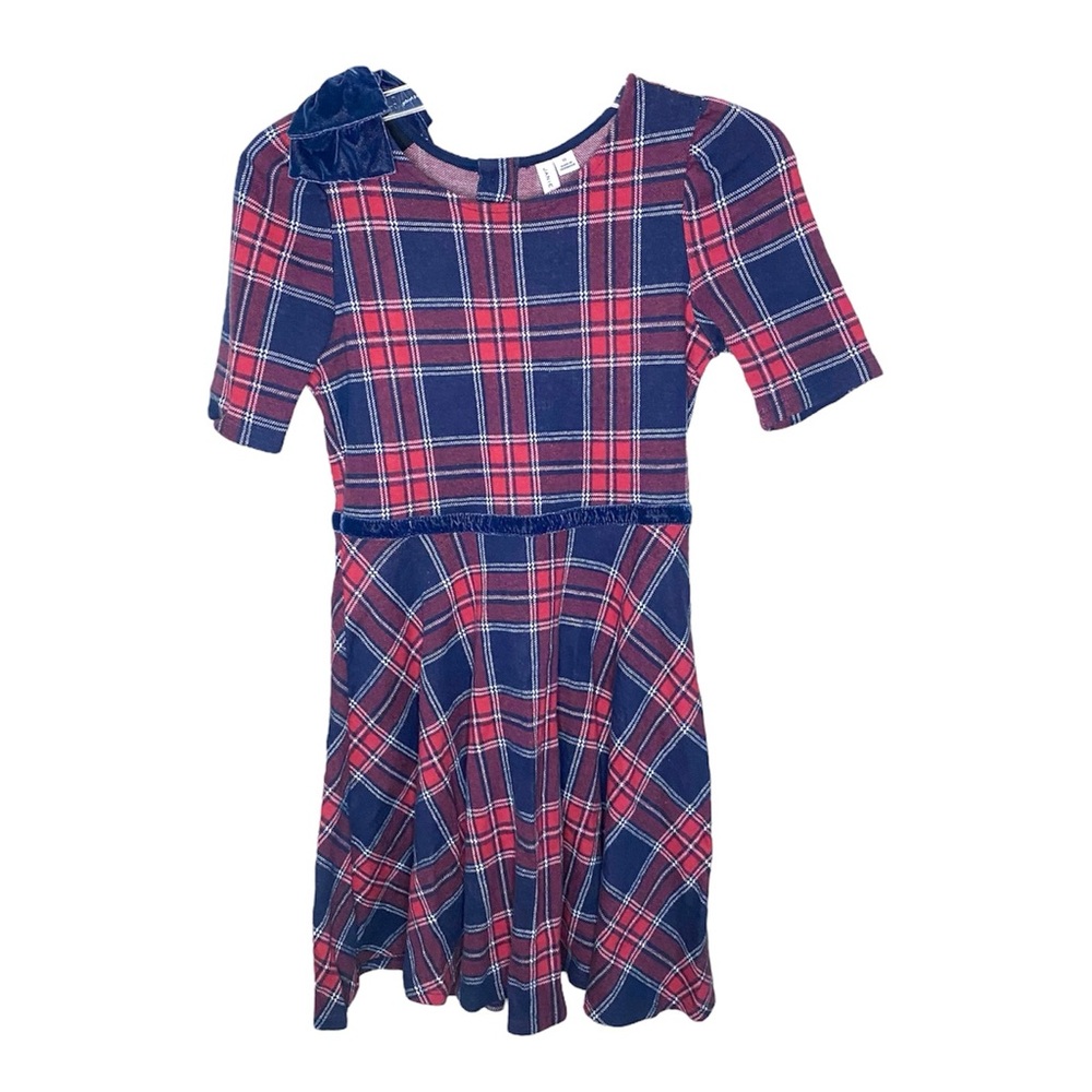 Janie and Jack Red Navy Blue Plaid Velvet Bow Christmas Holiday Dress Size 12